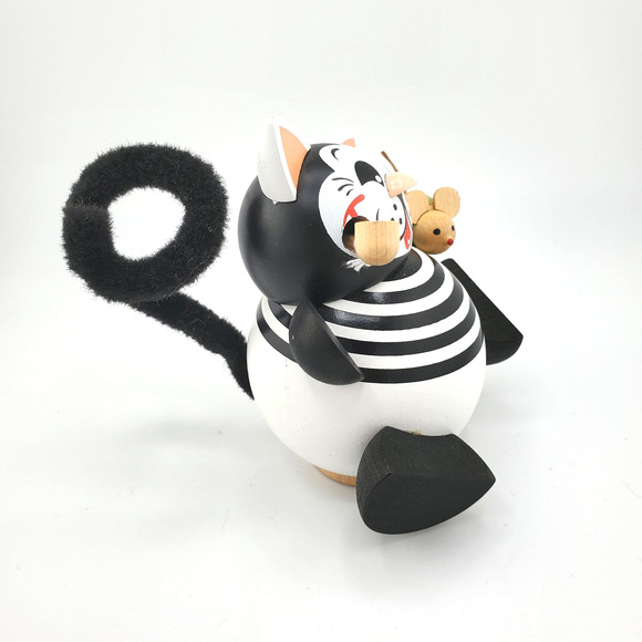 Vintage German Incense Smoker Kitten/Cat w/Pipe & Mouse 4" Black & White Wooden - Picture 4 of 10